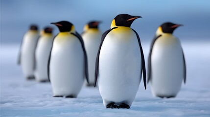 Fototapeta premium Flock of penguins standing on ice in the Arctic