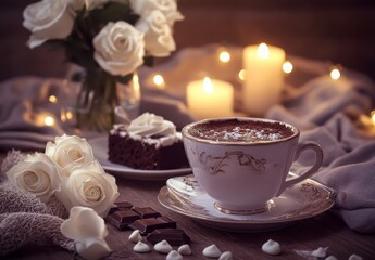 Fototapeta premium Warm Candlelit Scene With Hot Chocolate, White Flowers, And Chocolate Cake