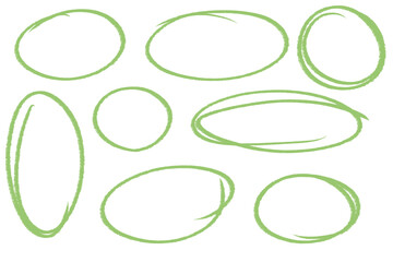Set of pastell green, light green, circles, sketchy hand-drawn circles for note-taking, presentations etc. 