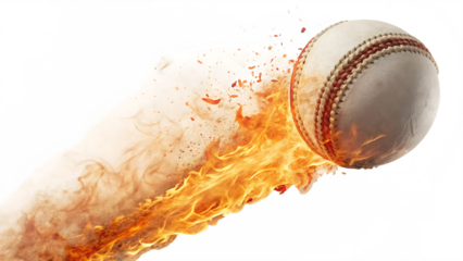 White baseball with red stitching engulfed in flames and smoke isolated on a transparent background sport