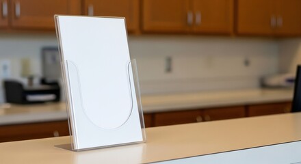 Clear acrylic brochure holder with blank white flyer on countertop