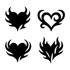 Tribal Heart and Flame Symbols – Black Stencil Tattoo Icons with Transparent Background