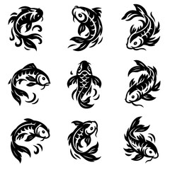 Tribal Koi Fish Silhouettes &ndash; Black Stencil Carp and Goldfish Symbols with Asian Tattoo Style on Transparent Background