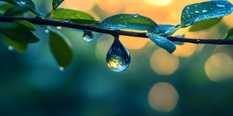 Dewdrops on Green Leaf with Blurred Background in Soft Lighting