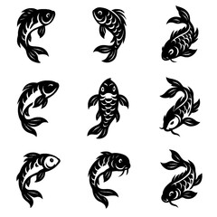 Tribal Koi Fish Silhouettes – Black Stencil Carp and Goldfish Symbols with Asian Tattoo Style on Transparent Background