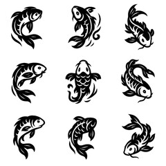 Tribal Koi Fish Silhouettes – Black Stencil Carp and Goldfish Symbols with Asian Tattoo Style on Transparent Background
