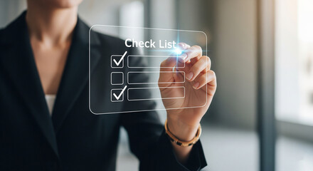 Business woman checking off items on a transparent digital checklist, representing task management, productivity, and successful completion in a modern business environment