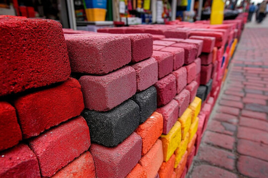 Building materials create vibrant chaos at a bustling market