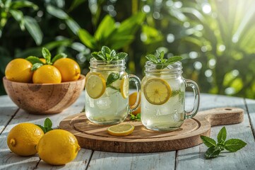 Fototapeta premium Freshly Squeezed Lemonade Outdoors on a Sunny Day 