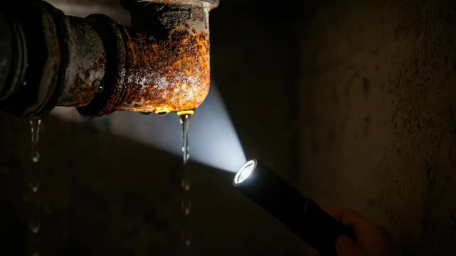 Flashlight shines on rusty leaking pipe in dark environment