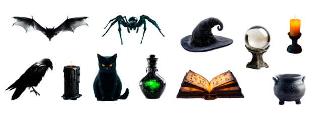 Mystical witchcraft elements: spooky symbols and magical creatures collection isolated on transparent png