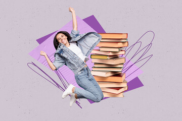 Creative pop poster sketch art collage of happy student girl jump book stack education concept...