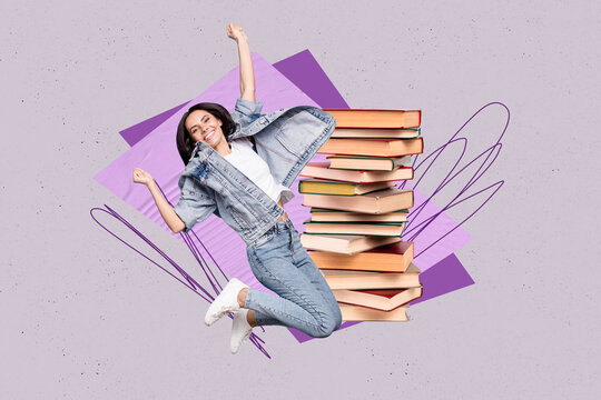 Creative pop poster sketch art collage of happy student girl jump book stack education concept bookworm hobby reader library