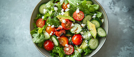 Fresh Garden Salad with Cherry Tomatoes, Cucumber, Avocado, and Feta Cheese