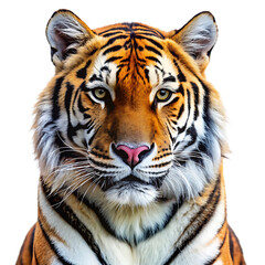 Obraz premium Close up portrait of a Bengal tiger with orange fur black stripes and yellow eyes isolated on a transparent background