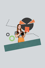 Exclusive image vertical photo collage of happy businesswoman surf laptop diagram icon development...