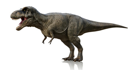 Fototapeta premium Side profile of T. rex roaring, detailed skin, white glossy background.