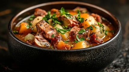 A rich and hearty meat stew presented in an elegant black bowl, highlighting the comfort and satisfaction that comes from a well-prepared, homemade meal.