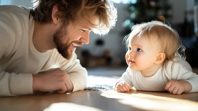 A joyful scene of a father and his baby engaging in playful interaction on the floor, illustrating love, bonding, and the happiness found in familial relationships.