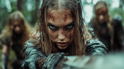 A fierce warrior woman with a determined expression, covered in dirt, stands ready for battle in a lush forest, embodying strength and resilience in an intense moment.