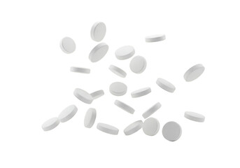 Illustration of Falling White Medicine Pills and Capsules on Transparent