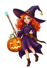 Illustration Of Little Witch Girl In Halloween Costume Holding Pumpkin