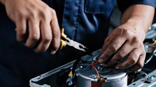 Close up worker fixing ac motor using simple tools