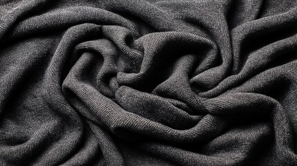 Soft dark gray fabric texture with fine knit pattern and subtle folds arranged artistically for a cozy and warm textile background in close-up detail image