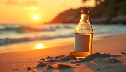 A bottle placed on the sandy beach during a gorgeous sunset, evoking a sense of relaxation and tranquility, 4K and HD image