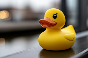 Classic yellow rubber duck close-up captures whimsical charm indoors