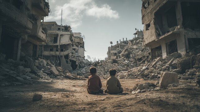 Children Facing War - Ravaged Ruins: A Cry for Peace