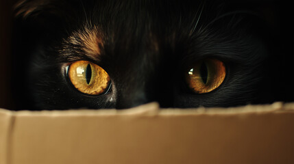 Black cat with bright yellow eyes peeking over cardboard box, creating mysterious and intense atmosphere with sharp focus on eyes and dark fur contrast