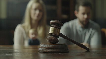 Wooden judge gavel resting on sound block with blurred couple and baby in background, symbolizing family law or custody decision. scene conveys seriousness and hope