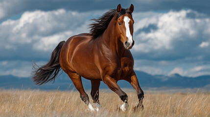 Powerful brown horse with flowing black mane runs freely through dry grass field under dramatic cloudy sky, evoking sense of wild freedom and strength
