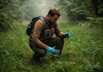 Botanist Collecting Plant Sample in Field