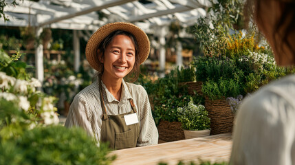 Smiling female florist wearing straw hat and apron stands behind wooden counter surrounded by green plants and flowers, creating warm and inviting atmosphere