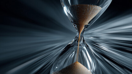 Close up of glass hourglass with sand flowing through narrow center, symbolizing passage of time in dramatic and focused setting