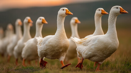 Group of white geese walking on grass in natural outdoor setting during sunset, showing their orange beaks and feet with calm and peaceful atmosphere