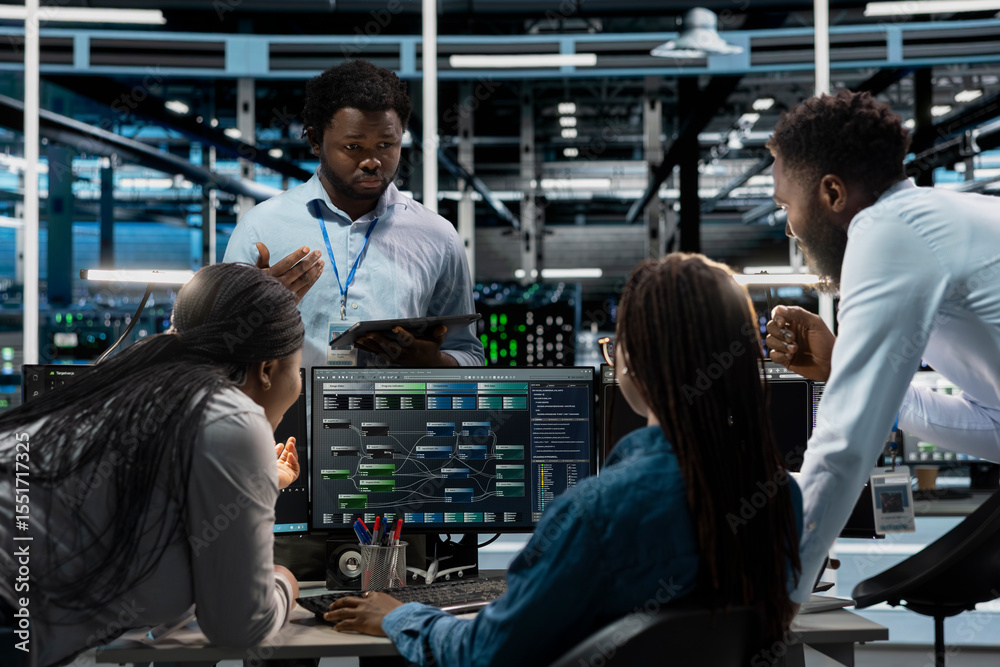 Poster data center system administrators using pc to visualize artificial intelligence neural networks made