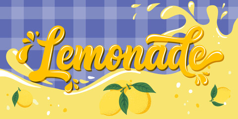 Lemonade typography design with yellow hand-lettered text on a white background. Vector illustration for summer drinks, fresh juice labels, posters, and logos. Vector EPS10