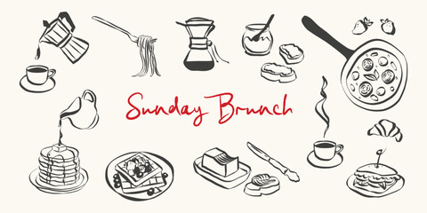 Whimsical brunch doodles. Quirky icons of Italian food in simple crayon and sketch style. Trendy art for menus and dinner brunch invitations. La dolce vita vector illustration