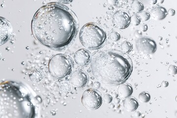 A macro shot of transparent serum bubbles against a white background. Generative AI
