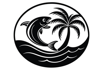 Leaping Fish Over Wave with Palm Tree in Circle Vector Icon for Summer or Beach