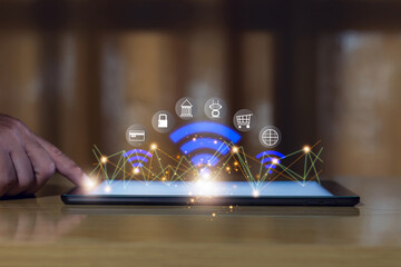 online banking digital connectivity interne finance technology. Finger tapping tablet digital network icons, symbolizing online banking, AI, and global connectivity. digital,smart, WiFi, wireless.