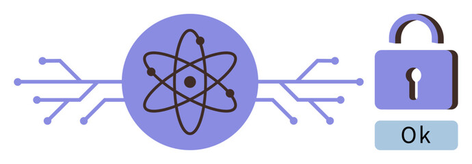 Obraz premium Atomic model linked to circuit lines beside a locked padlock signifying security. Ideal for science, technology, cybersecurity, encryption, data protection, networking, simple flat metaphor