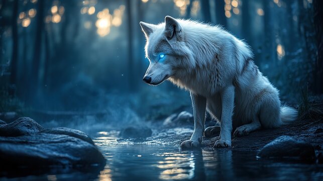 Majestic white wolf by a misty stream, luminous blue eyes