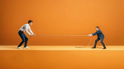 Two men in business attire playing tug of war on orange background - Powered by Adobe