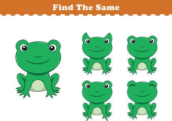 Funny cartoon frog. Find same pictures. Educational game for children. Cartoon vector illustration