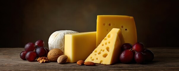 Assorted cheese slices with holes and rind, whole walnuts and almonds scattered on rustic wooden surface accompanied by fresh red grapes clustered on dark brown background