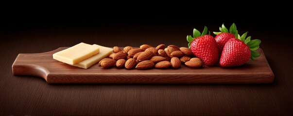 Wooden cutting board with three square slices of cheese, roasted almonds, and fresh red strawberries with green leaves on a dark brown wooden table surface